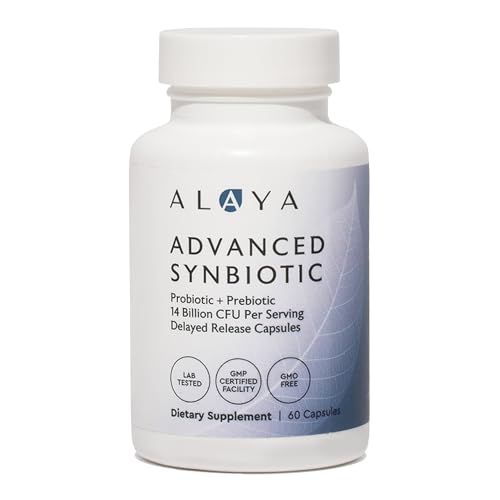 Alaya Naturals Advanced Synbiotic - Probiotic  Prebiotic - 14 Billion CFU Delayed Release Probiotic Supplement with Prebiotics from Sunfiber, and L-glutamine for Gut Lining Integrity - 60 Capsules