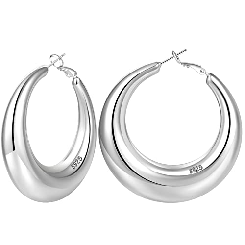 PABBEU Sterling Silver Chunky Large Hoops - Hypoallergenic S925 Silver Earrings for Women - 304050MM