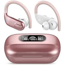 IKT Bluetooth Headphones Wireless Earbuds 80Hrs Playtime with LED Charging Case Sports Ear Buds with Earhook Deep Bass IPX7 Waterproof Over-Ear Earphones Built-in Mic for Exercise Running Rose Red