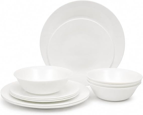 Gibson Home Vanilla Hills 12-Piece Opal Glass Dinnerware Set, Service for 4 Includes 10" Dinner Plates, 8" Salad Plates & 6.5" Bowls Microwave Safe, Dishwasher Safe, Chip Resistant White, Round