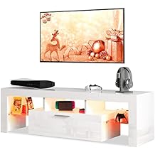 Modern LED 51 inch TV Stand with Storage for 32 40 50 55 Inch TVs, White TV Console with High Gloss Entertainment Center and Open Shelves for Living Room, Bedroom