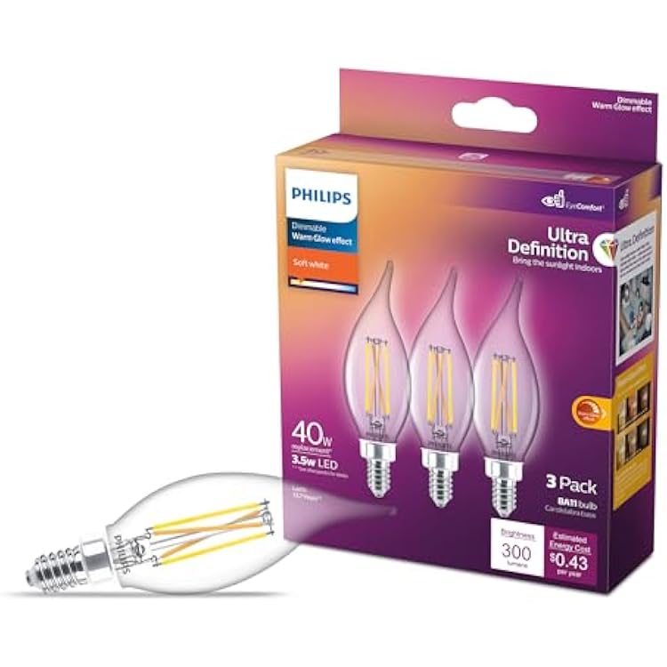PHILIPS LED 75W BA11 3-Pack Ultra Definition Soft White 2700K 700 Lumen 6.6W = 75W Dimmable Clear Flicker-Free Candelabra Light Bulbs Fits E26 or E12 Sockets
