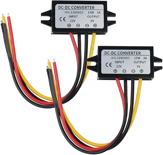 12v to 5v DC DC Converter(2pcs), 5V 3A 15W Voltage Regulator Board Power Supply Module, 12V 24V Waterproof Car Step Down Buck Converter