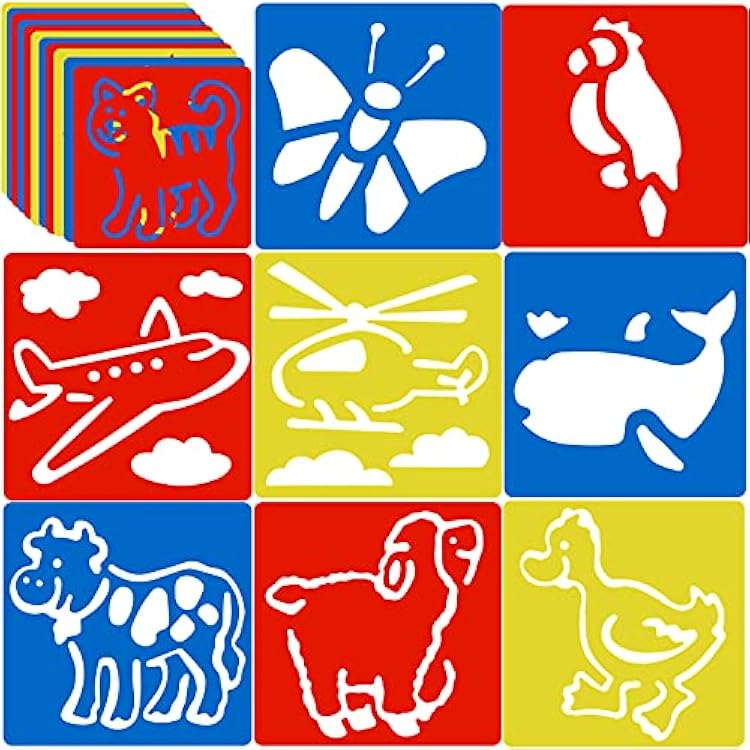 Peohud 36 Pieces Stencils for Painting, Colorful Drawing Chalk Stencils, Washable Animal and Vehicles Themed Primary Shape Template for DIY Art Craft, 6 x 5.6 Inch