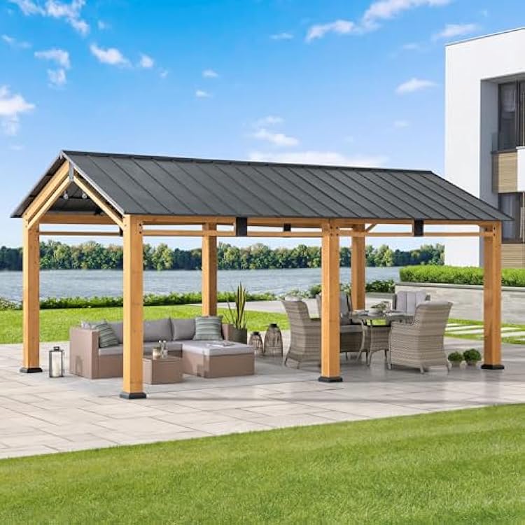 SUNJOY Carport 11 ft. x 20 ft. Standard Wood Gazebo Heavy Duty Garage, Cedar Framed Gazebo Car Shelter with Metal Roof and Movable Ceiling Hook, Shade for Backyard, Patio Lawn and Garden