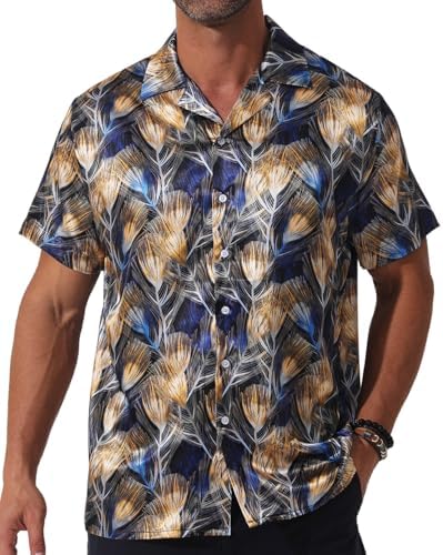 Men Hawaiian Shirt Satin Floral Printed Dress Shirt Cuban Collared Casual Short Sleeve Button Down Shirt