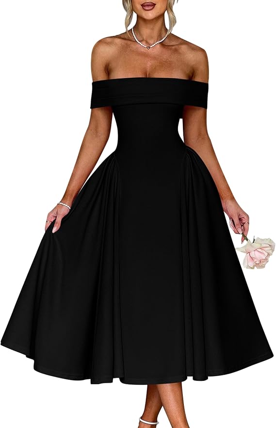 YMDUCH Women's Elegant Off Shoulder Short Sleeve A line Flowy Swing Cocktail Party Long Dress Black