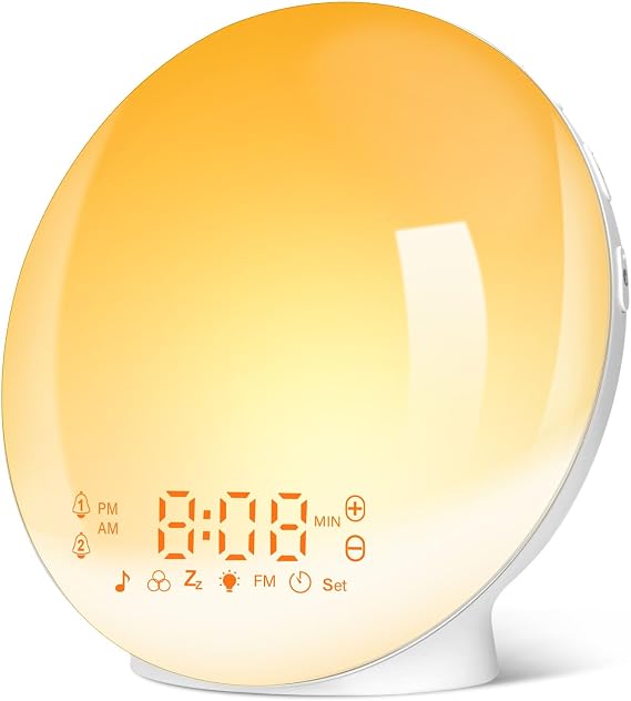 Sunrise Alarm Clocks, Wake Up Light with Sunrise/Sunset Simulation Dual Alarms Bedside Night Lamp Snooze Function FM Radio 7 Natural Sound 11 Colorful Atmosphere Lamp(White) [Energy Class G]