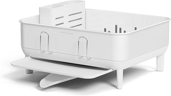simplehuman Steel Frame Dishrack, Compact Dish Drying Rack for Small Kitchens, 360o Easy Drain Swivel Spout, Anti-Residue Coating, Moisture Control Surface, White