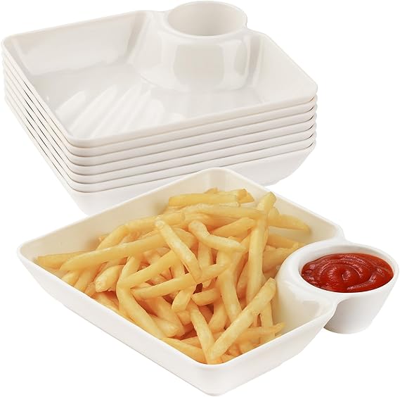 8 pcs Chips and Salsa Serving Dish, White Reusable Chip and Dip Bowl Serving Dishes for Entertaining Plastic Dip Tray Plate with Dipping Sauce Compartment