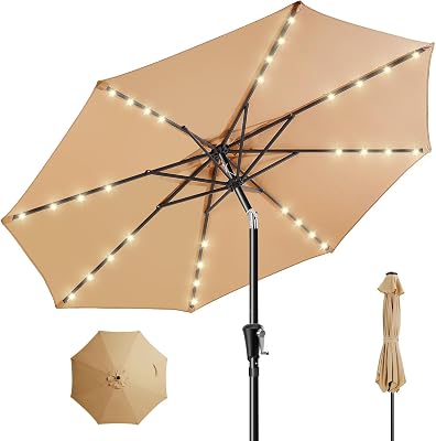 HOMSHADE 9ft Solar Patio Umbrella - Solar Lights LED Lighted Outdoor Market Table Umbrella, UPF50 UV Protection with Push Button Tilt, Crank for Pool Deck and Garden Beige
