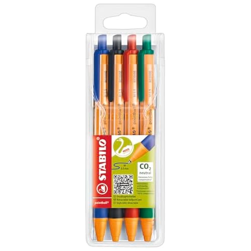 STABILO Ballpoint Pen pointball - Pack of 4 - Blue, Black, Red Green, Made From Recycled Plastic, Retractable, Medium Point