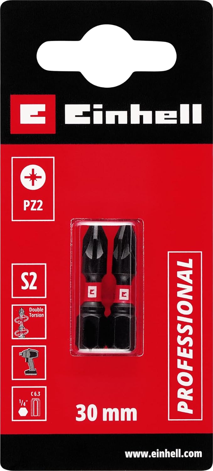 Orijinal Einhell Çift Torsiyonlu Darbeli Bit Seti, 2 Parça, 30 mm, PZ2 S2 Çelik, Yüksek Dayanıklılık, Çift Torsiyon Etkisi, Kırmızı Renk Halkası, C 6.3 Sap - 49132050
