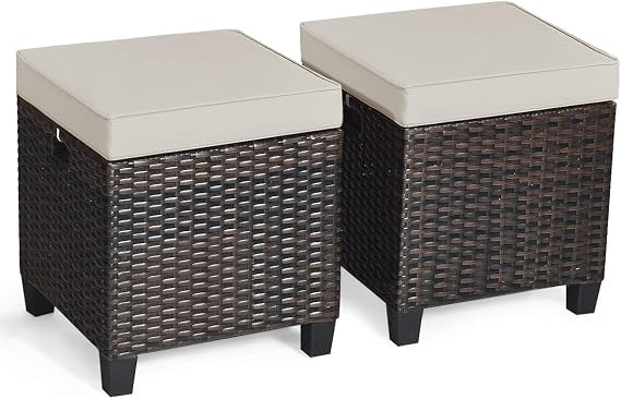 Tangkula 2 Pieces Outdoor Patio Ottoman, All Weather Rattan Wicker Ottoman Seat, Patio Rattan Furniture, Outdoor Footstool Footrest Seat w/Removable Cushions