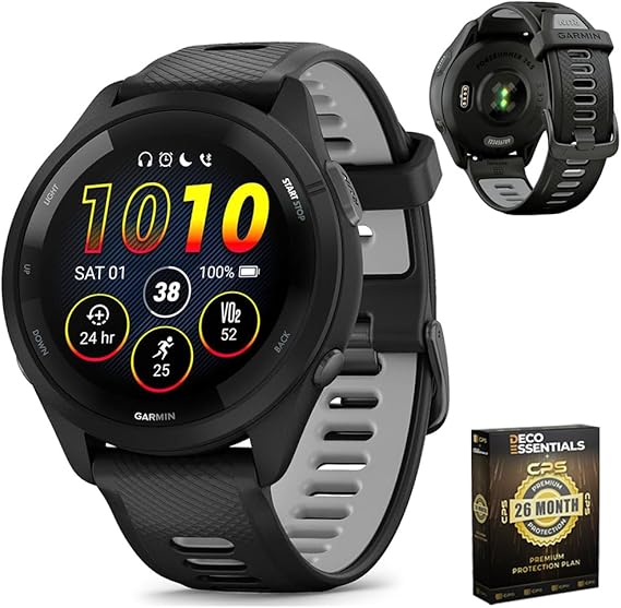 Garmin Forerunner 265 Running GPS Smartwatch, AMOLED Display, 46mm, Black/Powder Gray, 010-02810-00 - Bundle w/Deco Essentials 26-Month CPS Plan