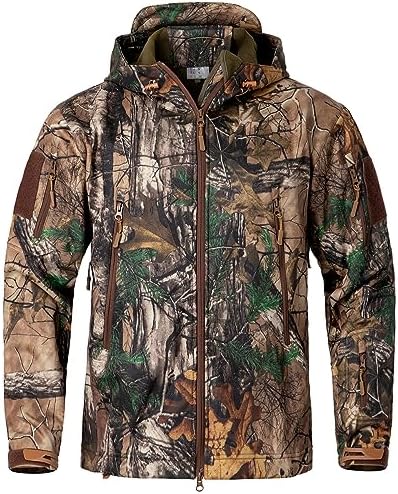 NAVEKULL Silent Hunting Clothes for Men Soft Shell Outdoor Hiking Jacket Camo Water Resistant Fleece Hooded Coat with Pockets
