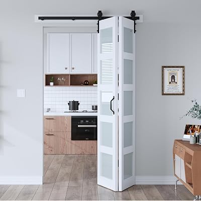 EaseLife 48x 84 Double 24 x 84 Bifold Barn Door, Bifold Sliding Barn Door with Hardware Kit, Solid MDF Wood Slab Covered with Water-Proof PVC Surface, Frosted Glass Panel, Assembly Required