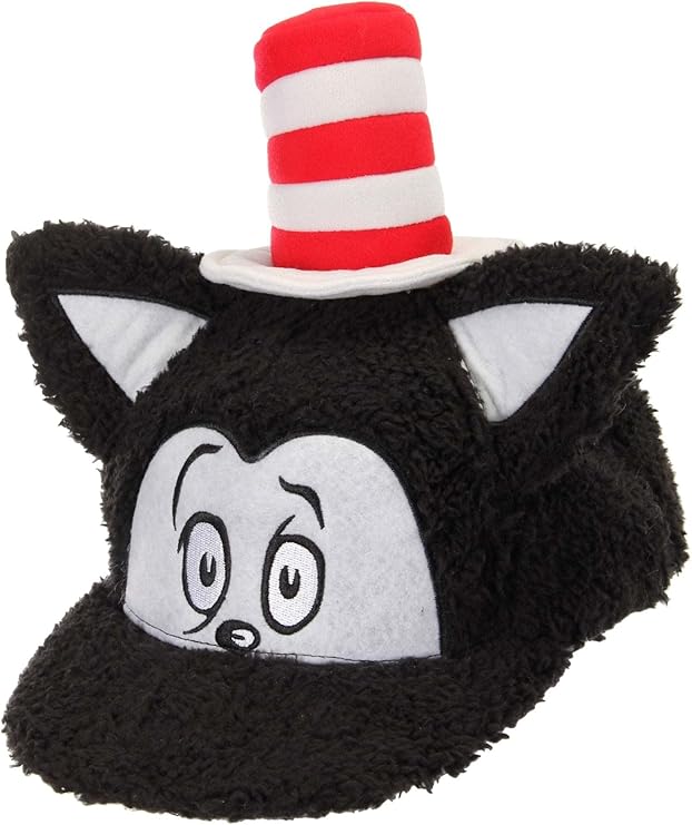 Dr. Seuss Cat in Hat Fuzzy Adjustable Snapback with Embroidered Face, Cat in the Hat with Ears