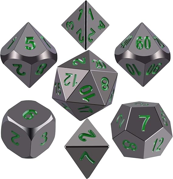 SIQUK Metal Polyhedral Dice Shiny Black Body and Dark Green Numbers Zinc Alloy Dice with Metal Case