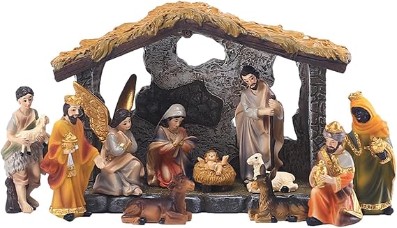 Christmas Nativity Set,12 Piece Christma Village Nativity Scene Set,Holy Family Miniatures Statue Baby Jesus Manger Crib,Resin Ornaments Decorations For Christmas, Home Decoration