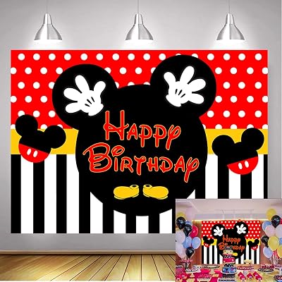 BINARY Betta Mickey Mouse Photo Backdrop Mickey Happy Birthday Backdrop Red Black Stripes Dots Cartoon Mouse Backdrops for Baby Birthday Party Cake Table Background 7x5ft