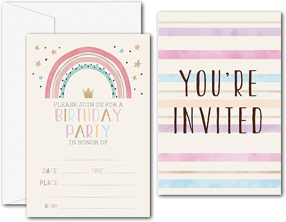 Pink Rainbow Birthday Party Invitations - Boho Rainbow Party Supplies - Fill in The Blank Birthday Party Invites - 20 Invitation Cards With 20 Envelopes - (005A)