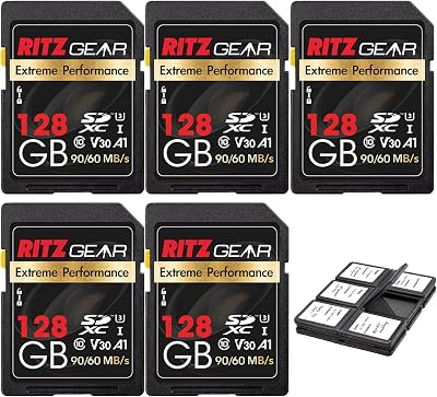 RITZ GEAR Extreme Performance HighSpeed UHS-I SDXC 128GB 9060 MBS U3 A1 C10 V30 MemoryCard 5 Units Designed for SD Devices That can Capture Full HD,3D, and 4KVideo as Well as raw Photography