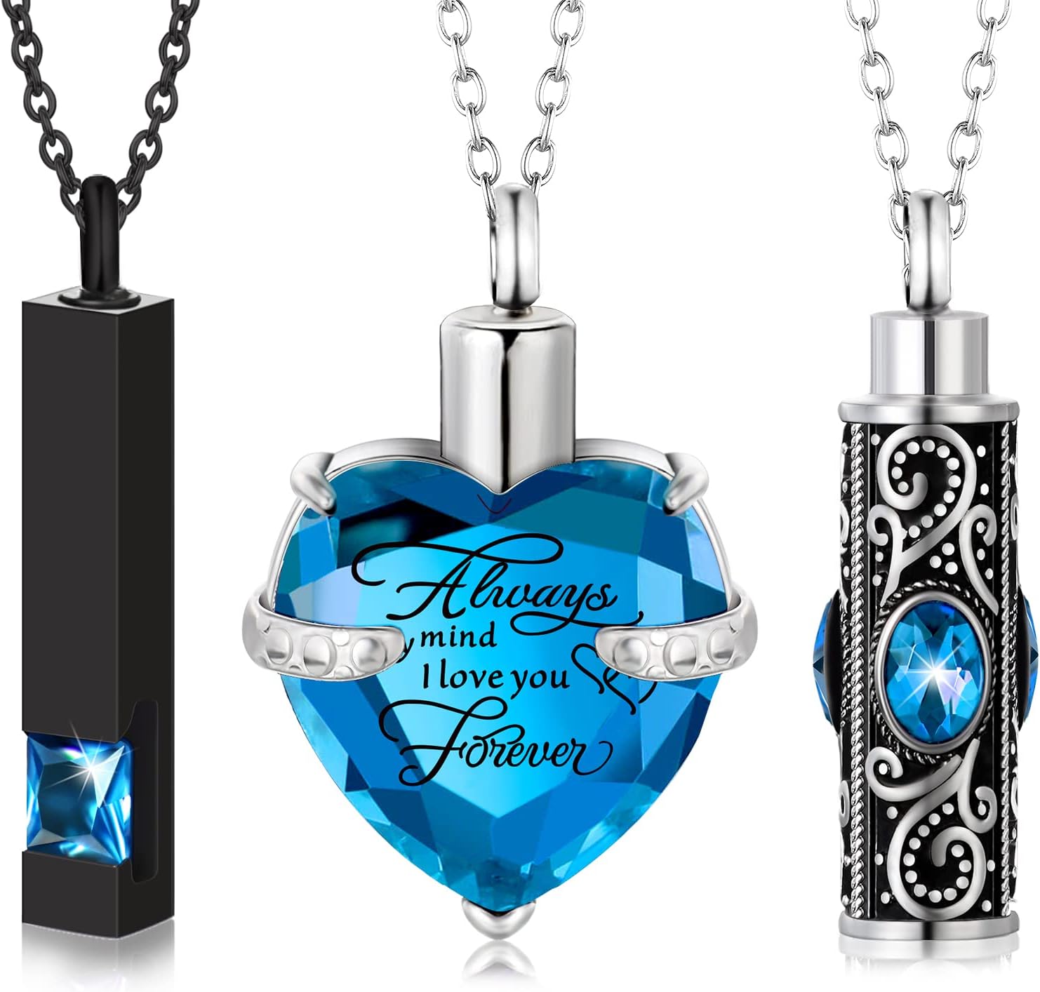 MTLEE 3 Pieces Cremation Urn Necklace for Ashes Vertical Bar Zircon, Heart Crystal Necklace Urn Stainless Steel Waterproof Memorial Pendant