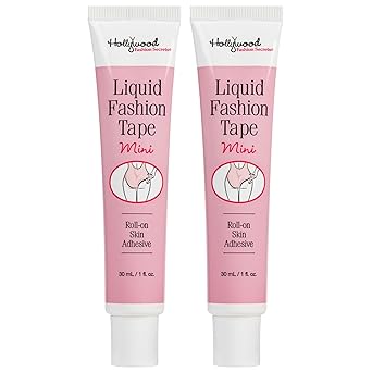 Hollywood Fashion Secrets Liquid Fashion Tape Mini Roll On Body Adhesive, Fashion Glue for Skin and Clothes, Invisible Hold, 1 fl oz, 2 Pack