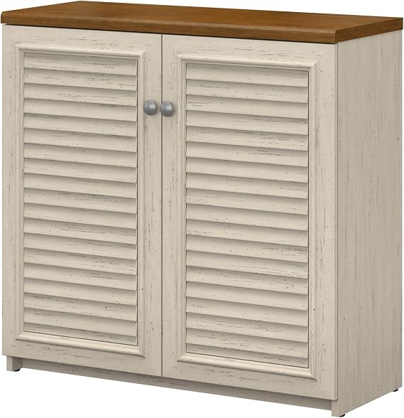 Bush Furniture Fairview Small Storage Cabinet with Doors and Shelves in Antique White and Tea Maple