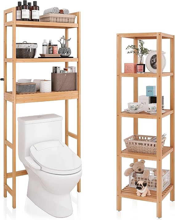 SMIBUY Bamboo Bathroom Over-The-Toilet Storage Shelf with 3-Tier Adjustable Shelves and 5-Tier Bamboo Rack Organizer Unit for Living Room Bedroom Kitchen (Natural)