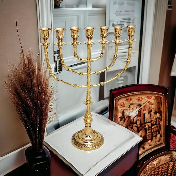 Yaliland | 7-Branch Arm Menorah Decor | 14-Inch Polished Brass Candelabra | Elegant Traditional Temple Design Candle Holder Gift