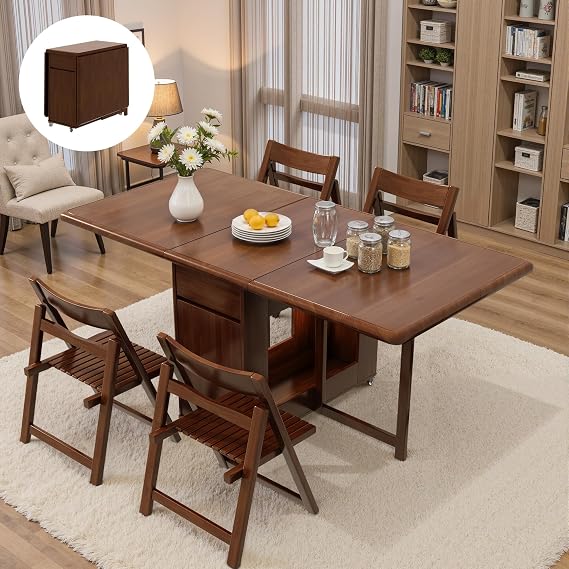 Folding Drop Leaf Dining Table and Chairs Set for 4, Fully Assembled Foldable Solid Wood Kitchen Table with Storage and Lockable Wheels for Small Spaces(Walnut, 130 cm Table with 4 Chairs)