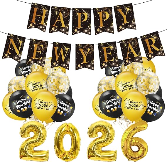 Happy New Year 2026 XXL Set, with Golden Numbers 2026 Balloon, Happy New Year Banner, Black and Gold Balloons, Suitable for Happy New Years Eve Party