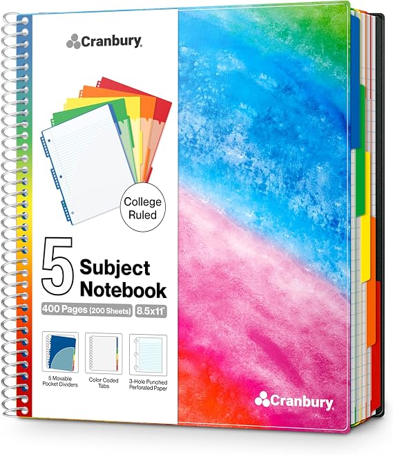 CRANBURY 5-Subject Notebook College Ruled, Movable Pocket Dividers with Tabs, 200 Sheets (400 Pages) 8.5x11 Paper, Colorful Spiral Notebook, Protective Plastic Covers, Multi Subject
