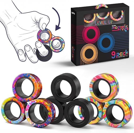 BUNMO Magnetic Fidget Rings 9pk Cool Fidgets for Teens, Quiet Fidget Toys, Fidget Toys Adults, Maximum Strength 8 N50 Magnets, Learn Cool Tricks, Teen Gifts, Fidgets for Kids 8-12, 3 Unique Colors