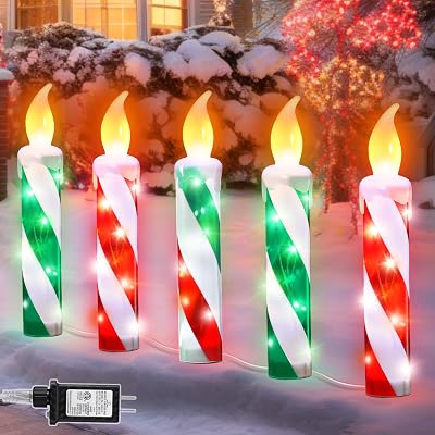 5 Pcs Christmas Lighted Decoration Candle Outdoor, 23 Inch Waterproof Christmas 3D Candle Candy Cane Stakes Lights with Flickering Flame and Timer for Xmas Yard DecorRed, Green, White