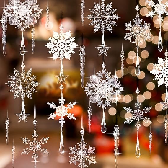 30 Pcs Christmas Crystal Snowflake Decorations - 12 Drop Ornaments With 18 Acrylic Icicles for Christmas Tree - Decorative Hanging Ornaments (Vivid Style)