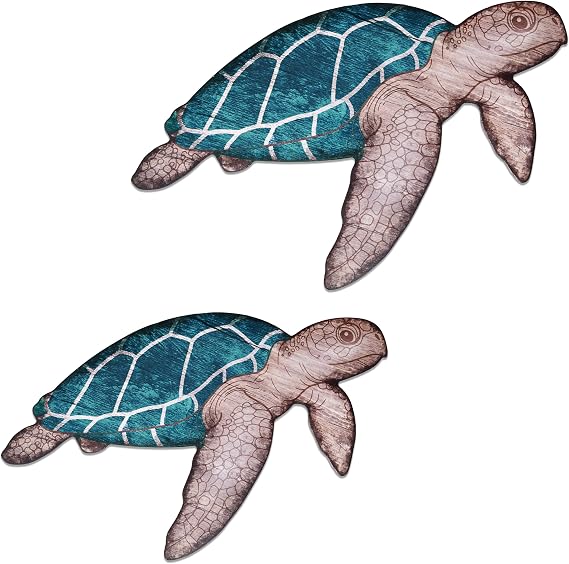 Gift Boutique Set of 2 Wooden Sea Turtle Wall Decor Blue Coastal Beach Nautical Wall Art Ocean Theme Hanging Turtles for Bathroom Bedroom Patio