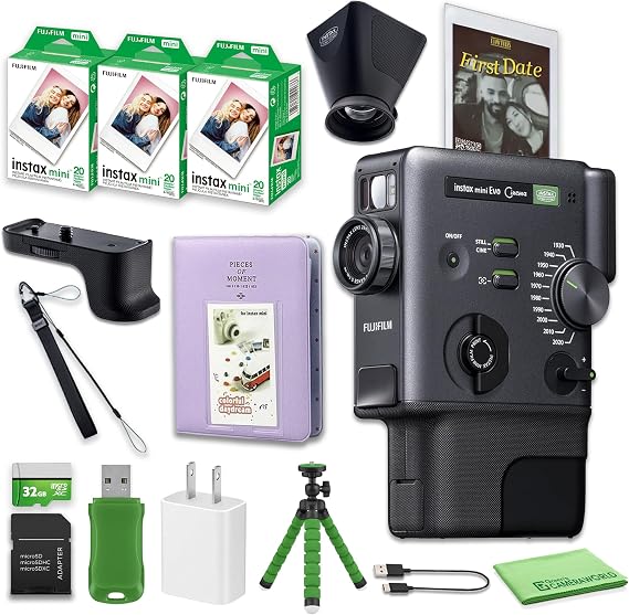 FUJIFILM INSTAX mini Evo Instant Camera Travel Bundle | For Parties, Events & Instant Photos | Includes 32GB Memory Card, Tripod