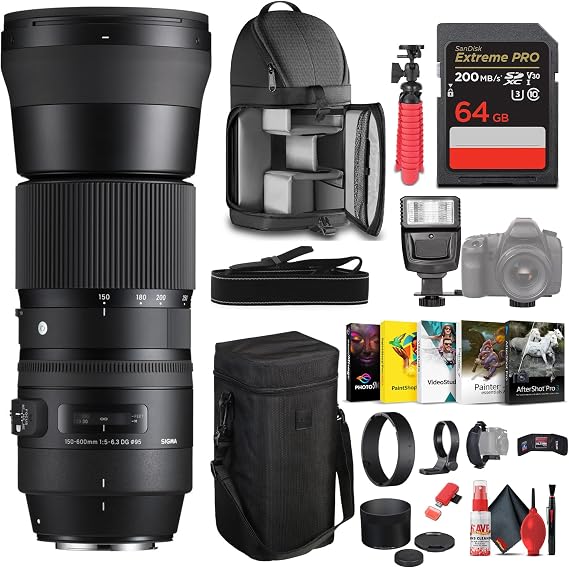 Sigma 150-600mm f/5-6.3 DG OS HSM Contemporary Lens for Nikon F Bundle Includes: Backpack, Flash, Memory Card, Card Wallet, 12 inch Tripod,Cleaning Kit, Blower Brush, Lens Pen, Neck Strap + More