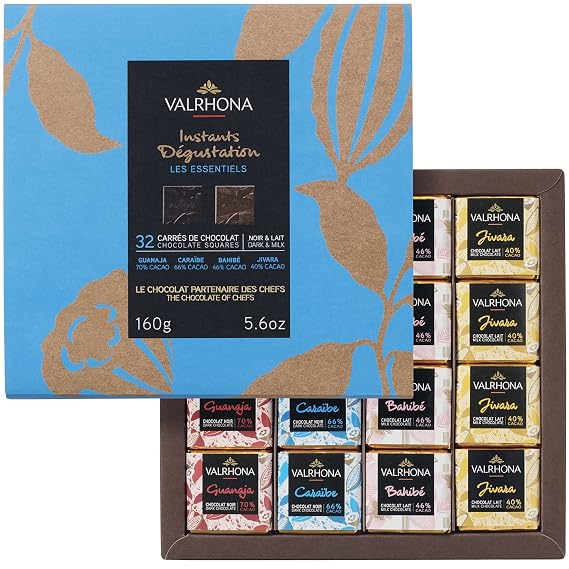 Valrhona Premium Assorted French Chocolate Gift Box - 32 Dark & Milk Chocolate Squares, Guanaja 70%, Caraibe 66%, Jivara 40% Bahibe 46%, Perfect Holiday Chocolate Gift For Her, Exquisite Collection