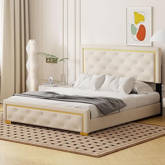 Luxury Queen Size Upholstered Platform Bed with Pull Point Headboard and Metal Wire Frame at Head and Foot of Bed, Velvet Platform Bed with Metal Feet, No Box Spring Required (Beige-z)
