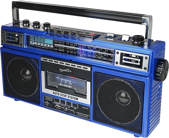 Supersonic SC-3201BT 4 Band Radio & Cassette Player Boombox, Bluetooth Speaker, AM/FM/SW Radio with MP3 Playback, USB & SD Card, 3 Band EQ and Earphone Jack. (Blue)