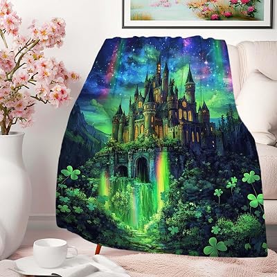 Forest Fantasy Castle Throw Blanket, Medieval and Enchanted Waterfall Stars Blanket for Couch Bedroom Home Decor, Soft and Lightweight Fleece, Machine Washable,50x60 Inches