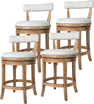 Maven Lane Alexander Counter Stools Set of 4 26 Inches Swivel Stools with Footrests Brown Solid Wood and Natural Fabric Upholstery Perfect for Kitchen Island and Counter