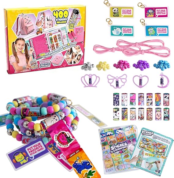 Creative Sticker Bracelet DIY Kit with 400 Mini Sticky Rolls Wearable & Shareable STICKI Rolls 100-Page Sticker Book, Reusable Arts & Crafts for Kids Ages 512 (Girls & Boys
