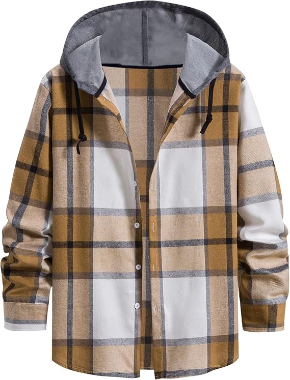 Mens Sweatshirt Plaid Button Shirt Causal Long Sleeve Lightweight Shirt Jacket With Hood Fall Winter Outwear Coat