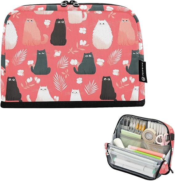 Pencil Case Large Capacity Pen Pouch with Zippered Cat Palm Leaf Pattern Red Pink Bag Organizer for School Girls Boys Adults