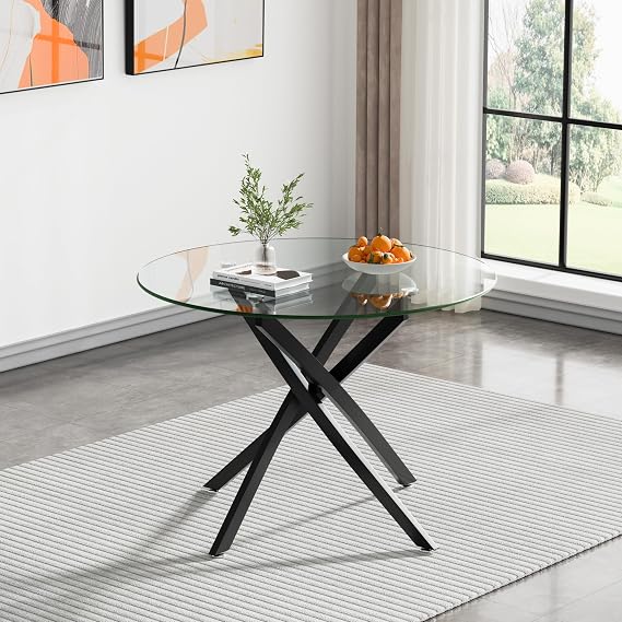 Modern Round Glass Dining Table for 2-4 People, 36 Inch Clear Tempered Glass Top, Black Metal Cross Base, Round Kitchen Table for Dining Room, Circular Table for Small Space, 29.5 Inch Height